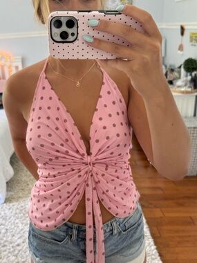 Pink Polka Tie-Front Halter Top